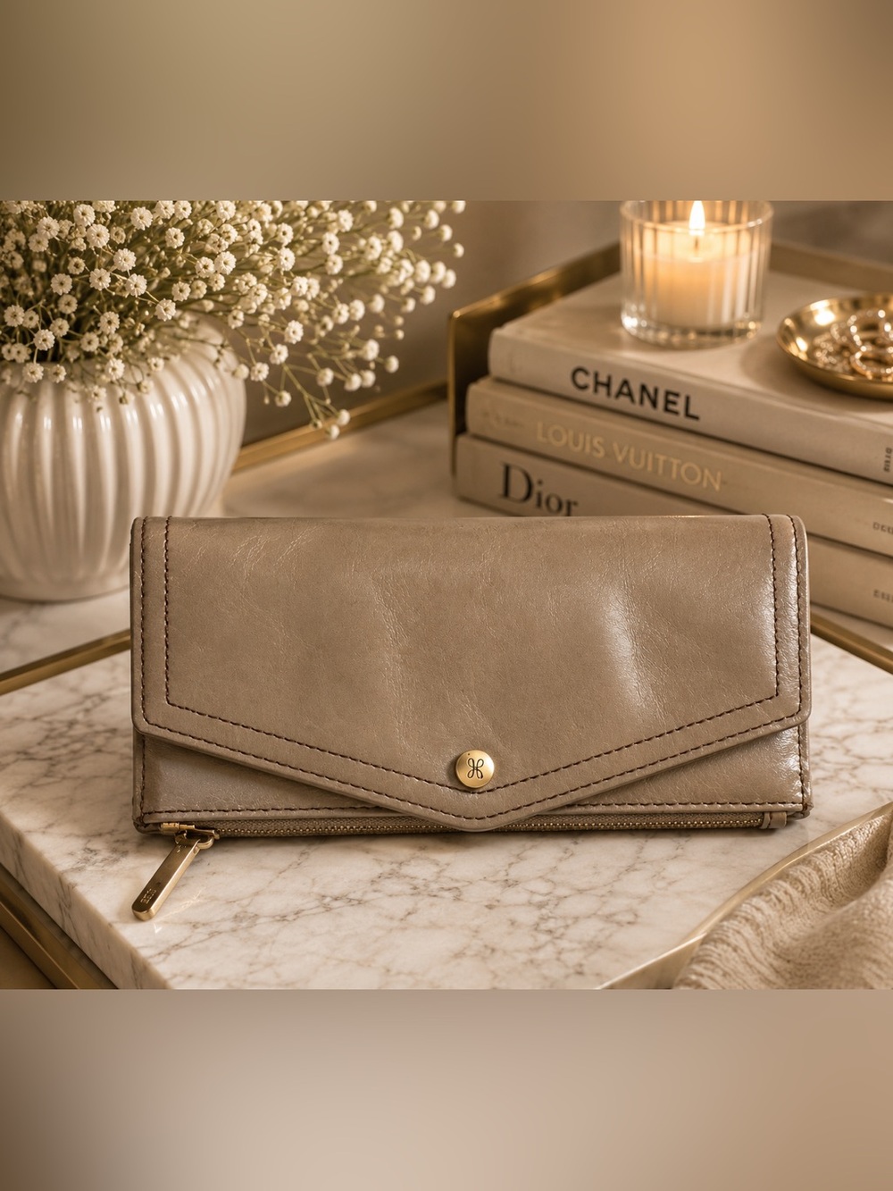 Hobo Taupe Leather Envelope Clutch with Gold Button